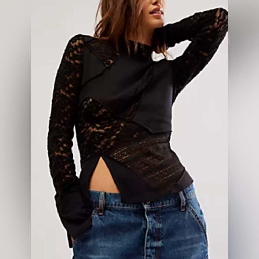 Free People First Frost Layering Lace Top Black Medium